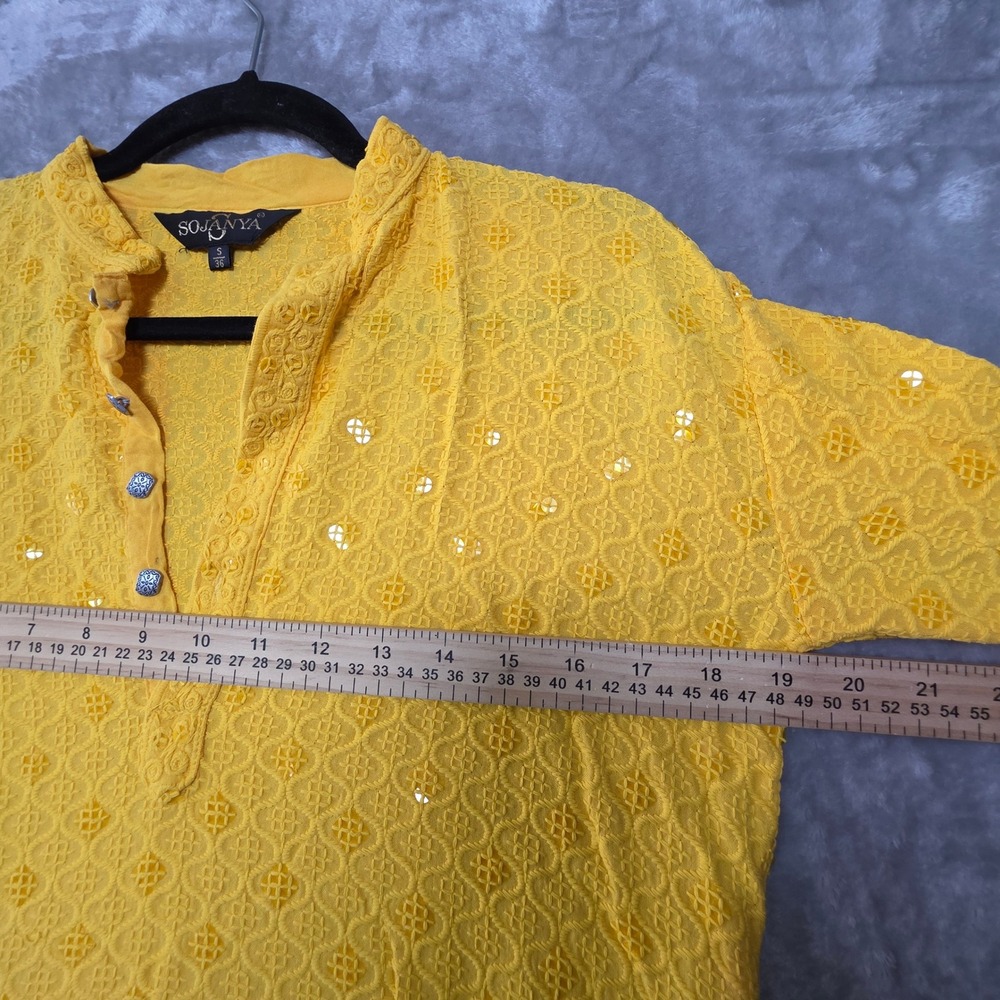 Sojanya Yellow Sequin Embroidered Kurta Tunic Mandarin Collar Two Pockets Size S - Picture 4 of 6